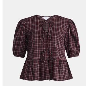Time and Tru Black and Deep Red Plaid Tie Front Peplum Top